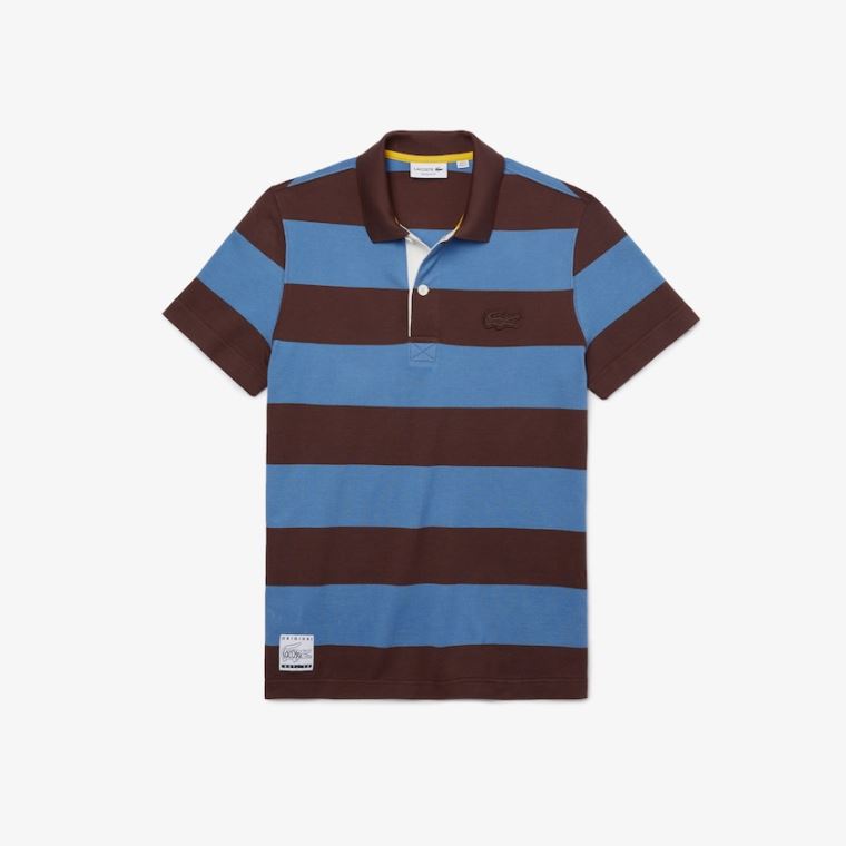 Lacoste Regular Fit Striped Algodão Piqué Polo Shirt Marrom Azuis | PNlyubyY