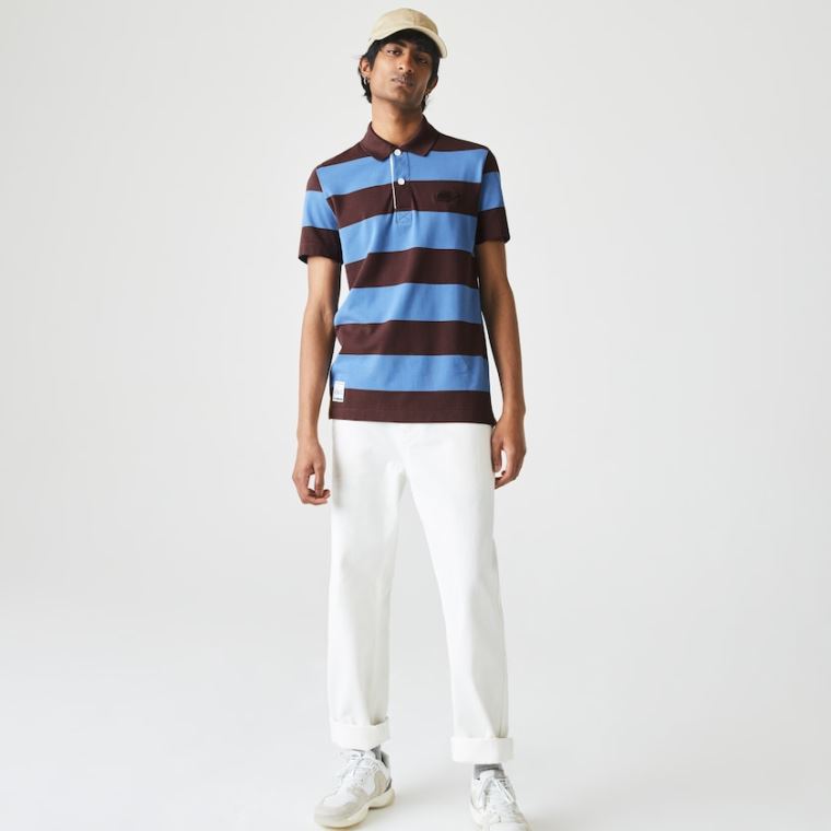 Lacoste Regular Fit Striped Algodão Piqué Polo Shirt Marrom Azuis | PNlyubyY