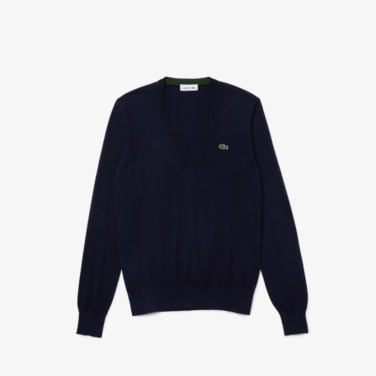 Lacoste Relaxed V-Neck Organic Algodão Moletom Azul Marinho Azuis | ynS0AYIn