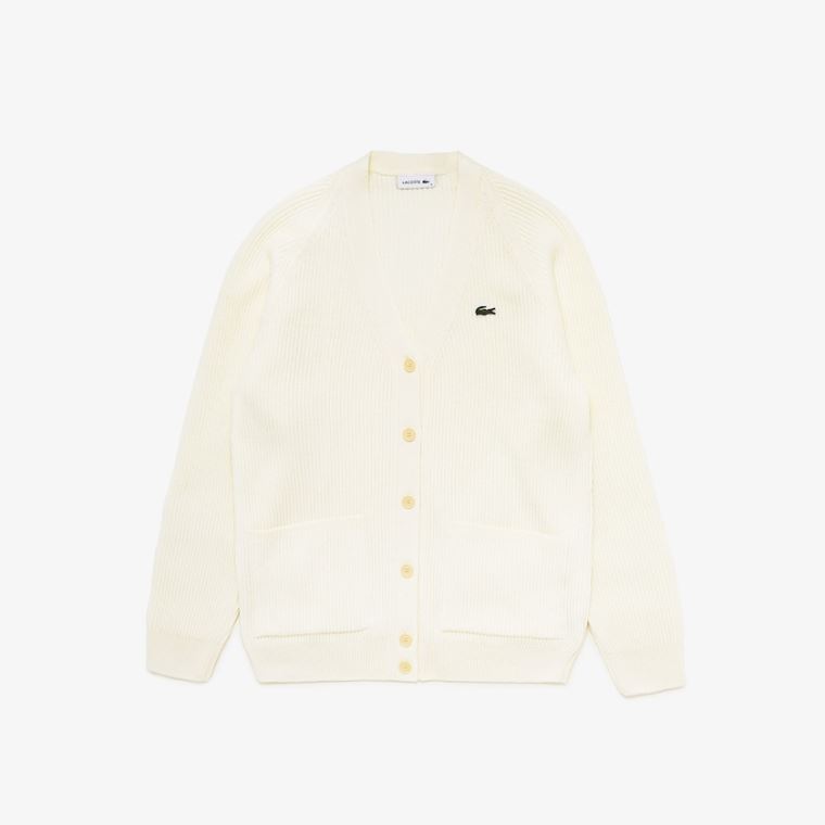 Lacoste Ribbed Wool Blend V-neck Cardigan Branco | gvtfFoxn