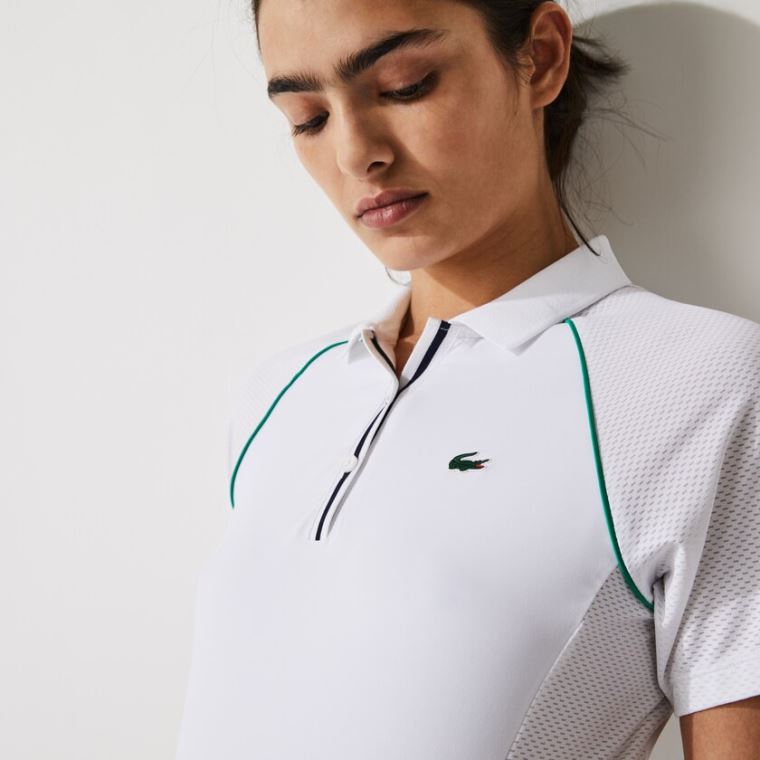 Lacoste SPORT Mixed-Matterial Respirável Stretch Tenis Polo Branco Verdes Azul Marinho Azuis | u4LH6xaO