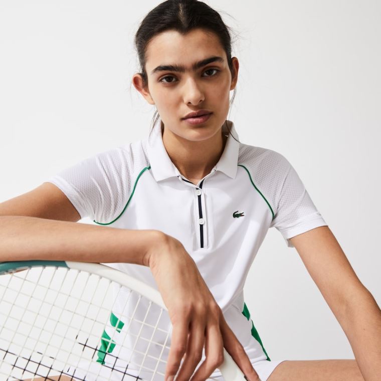 Lacoste SPORT Mixed-Matterial Respirável Stretch Tenis Polo Branco Verdes Azul Marinho Azuis | u4LH6xaO