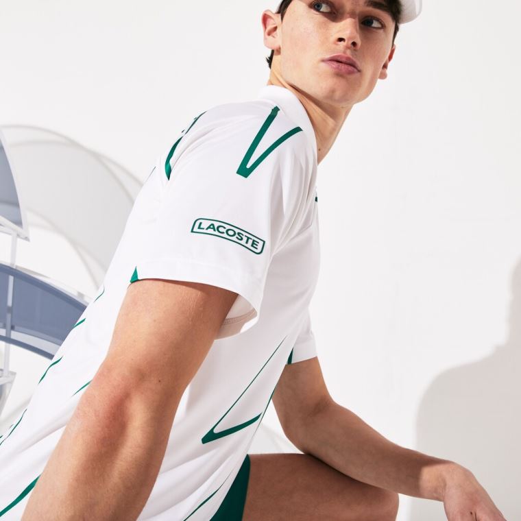 Lacoste SPORT Novak Djokovic Printed Respirável Polo Shirt Branco Verdes | 3W3Jwrn5