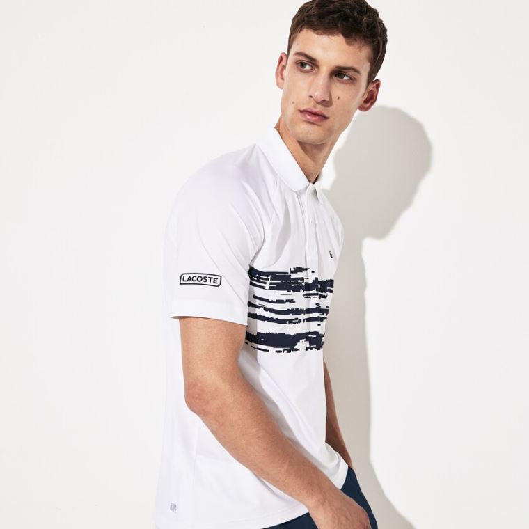 Lacoste SPORT Novak Djokovic Stretch Print Jersey Polo Branco Azul Marinho Azuis | xruHW4nt