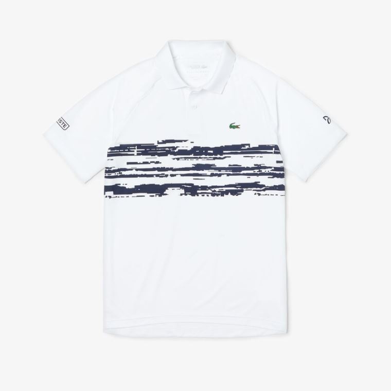 Lacoste SPORT Novak Djokovic Stretch Print Jersey Polo Branco Azul Marinho Azuis | xruHW4nt