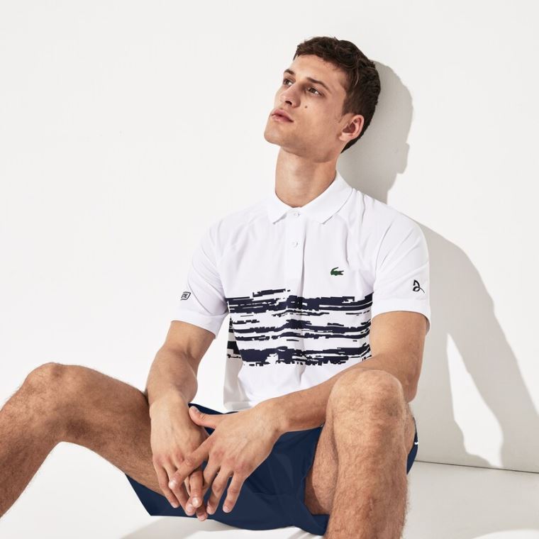 Lacoste SPORT Novak Djokovic Stretch Print Jersey Polo Branco Azul Marinho Azuis | xruHW4nt