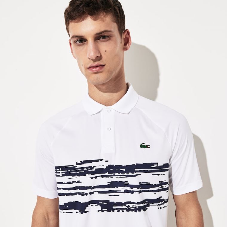 Lacoste SPORT Novak Djokovic Stretch Print Jersey Polo Branco Azul Marinho Azuis | xruHW4nt