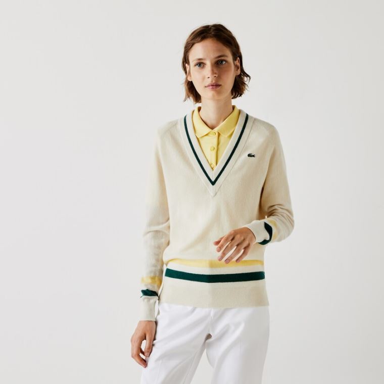 Lacoste SPORT Recycled Cashmere V-neck Golfe Moletom Branco Amarelas Verdes | 5RHwaV62