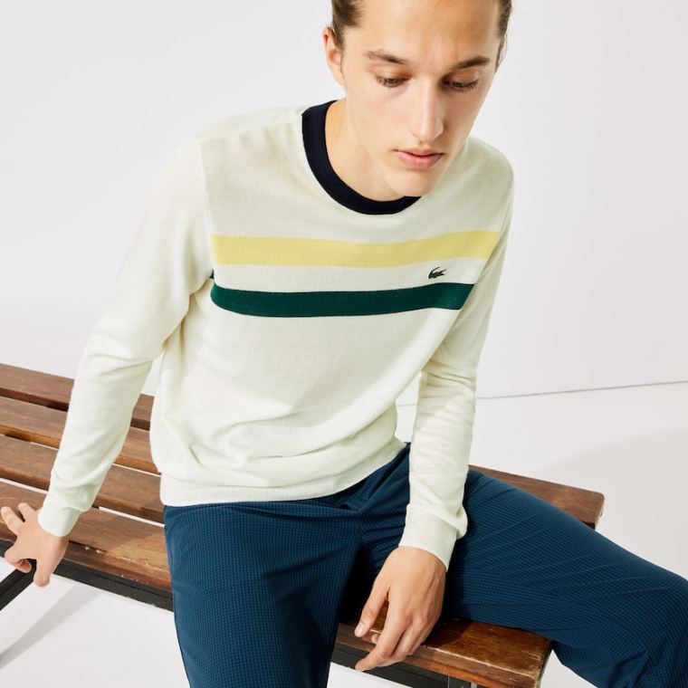 Lacoste SPORT Respirável Striped Wool Golfe Moletom Branco Amarelas Verdes Azul Marinho Azuis | nQ2nIIVC