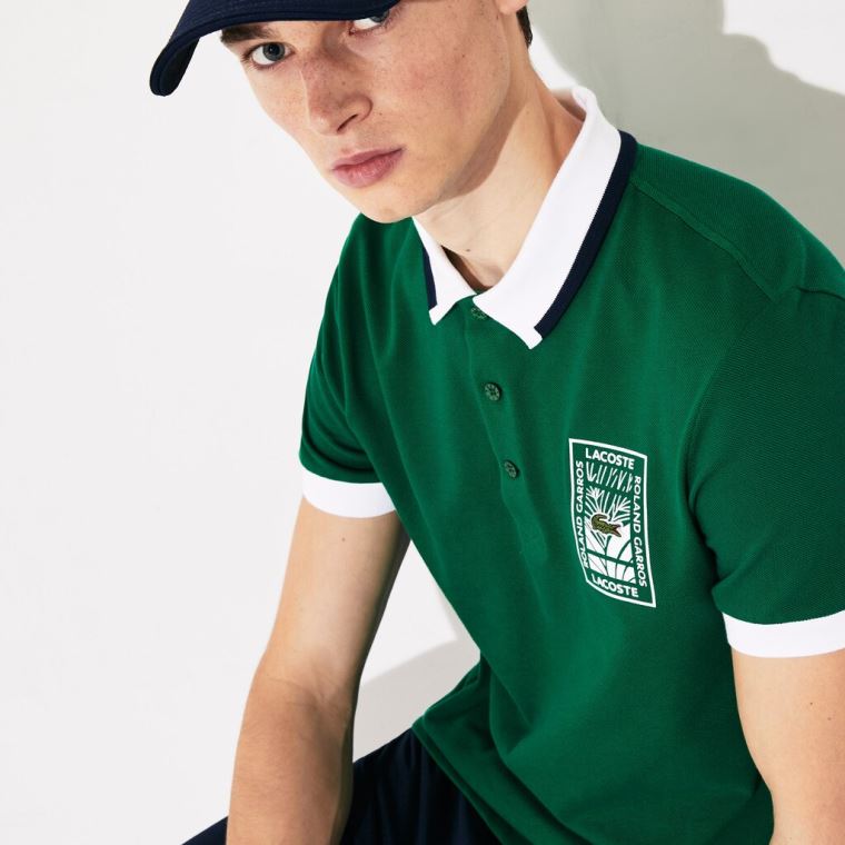 Lacoste SPORT Roland Garros Plant-Print Algodão Polo Shirt Verdes Branco Azul Marinho Azuis | JX3iP9fL