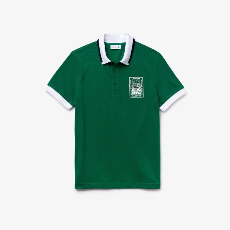 Lacoste SPORT Roland Garros Plant-Print Algodão Polo Shirt Verdes Branco Azul Marinho Azuis | JX3iP9fL