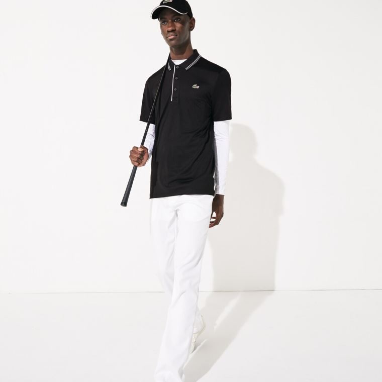 Lacoste SPORT Signature Respirável Golfe Polo Shirt Pretas Branco | 7hCWPIpk