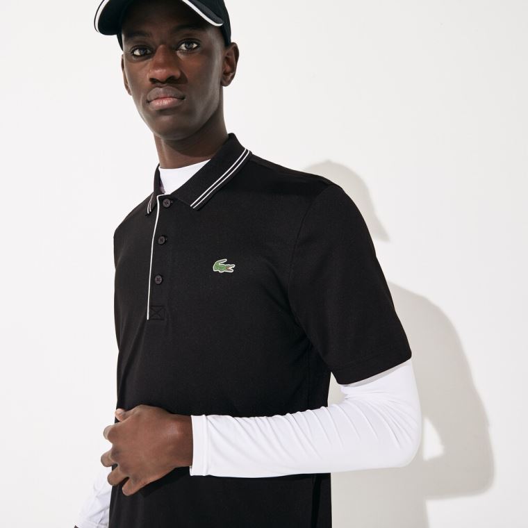 Lacoste SPORT Signature Respirável Golfe Polo Shirt Pretas Branco | 7hCWPIpk