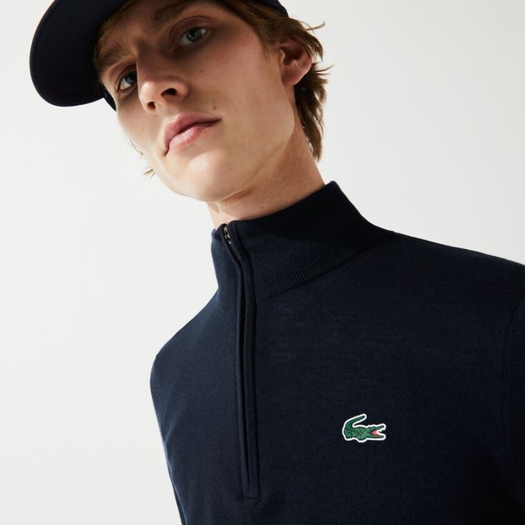 Lacoste SPORT Solid Respirável Knit Zip Collar Golfe Moletom Azul Marinho Azuis | AKJnXFBq