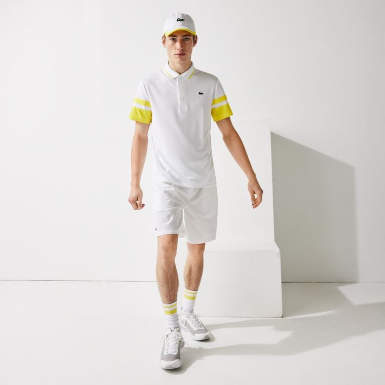 Lacoste SPORT Striped-Sleeve Respirável Piqué Tenis Polo Shirt Branco Amarelas | BMWuFSRF