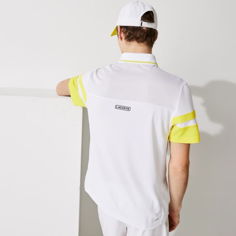 Lacoste SPORT Striped-Sleeve Respirável Piqué Tenis Polo Shirt Branco Amarelas | BMWuFSRF