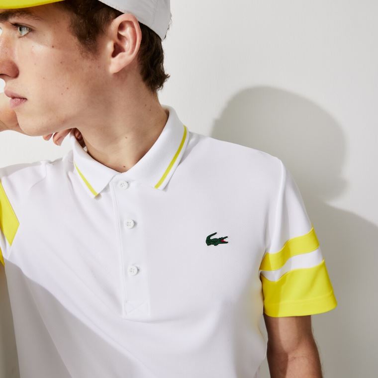 Lacoste SPORT Striped-Sleeve Respirável Piqué Tenis Polo Shirt Branco Amarelas | BMWuFSRF