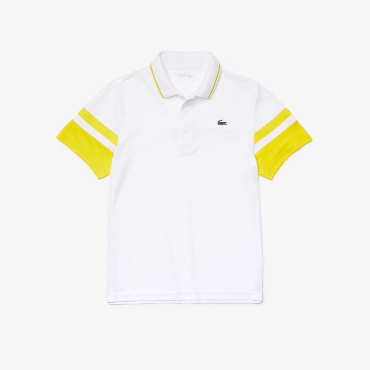 Lacoste SPORT Striped-Sleeve Respirável Piqué Tenis Polo Shirt Branco Amarelas | BMWuFSRF