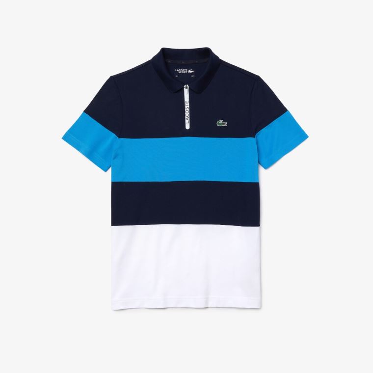 Lacoste SPORT Striped Stretch Piqué Zip-Up Golfe Polo Shirt Azul Marinho Azuis Azuis Branco | 5Zn9Rpnz