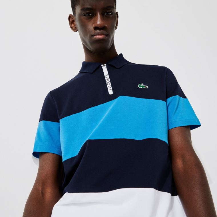 Lacoste SPORT Striped Stretch Piqué Zip-Up Golfe Polo Shirt Azul Marinho Azuis Azuis Branco | 5Zn9Rpnz