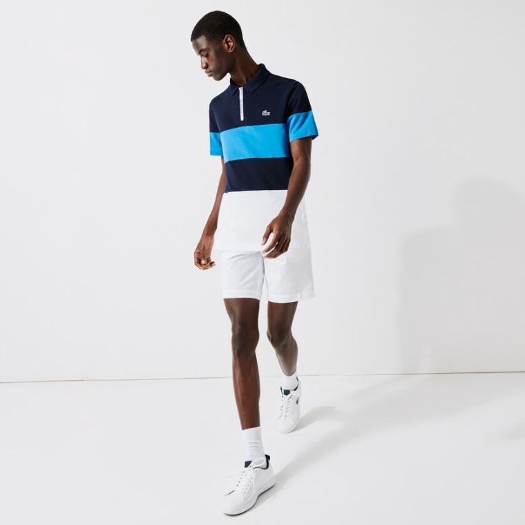 Lacoste SPORT Striped Stretch Piqué Zip-Up Golfe Polo Shirt Azul Marinho Azuis Azuis Branco | ApE2pHyp