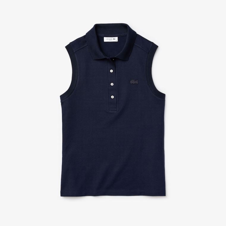 Lacoste Sem Manga Algodão Piqué Polo Azul Marinho Azuis | 7JWPpRlO