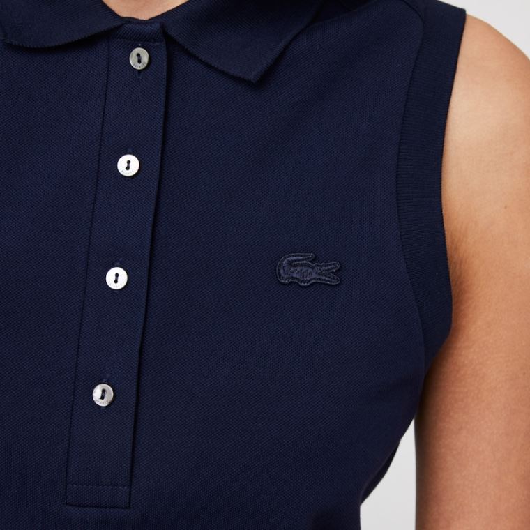 Lacoste Sem Manga Algodão Piqué Polo Azul Marinho Azuis | 7JWPpRlO