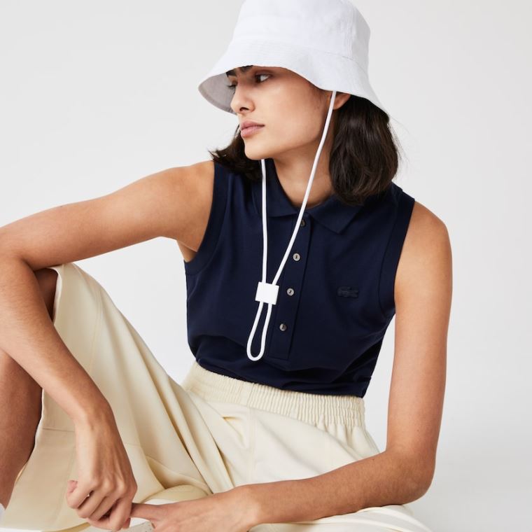 Lacoste Sem Manga Algodão Piqué Polo Azul Marinho Azuis | 7JWPpRlO