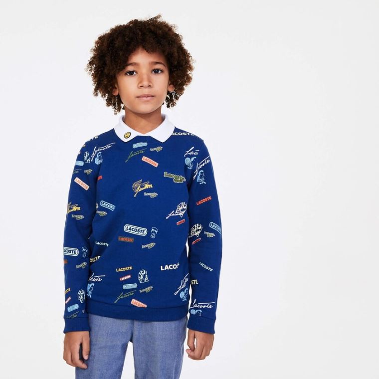 Lacoste Signature Print Algodão Fleece Sweatshirt Azuis Branco | QgJ9Unkv