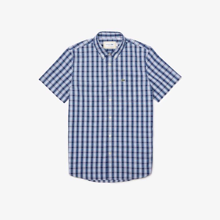 Lacoste Slim Fit Checked Poplin Shirt Azuis Branco Azuis | 2QnMsCaI