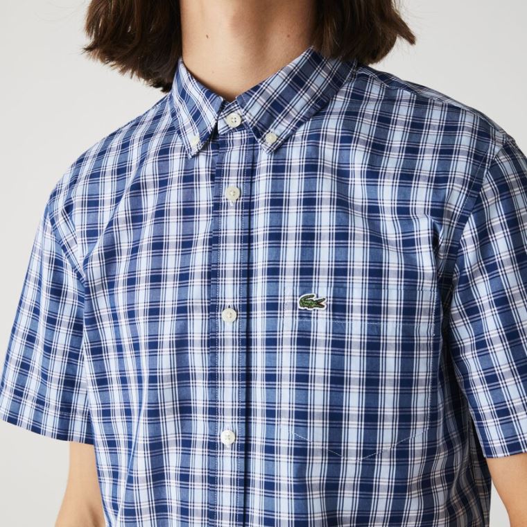 Lacoste Slim Fit Checked Poplin Shirt Azuis Branco Azuis | 2QnMsCaI