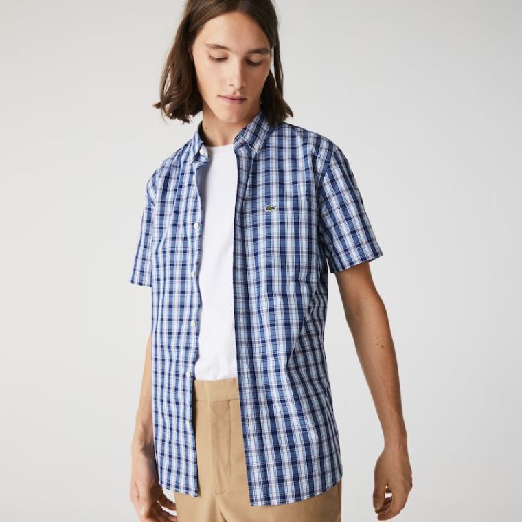 Lacoste Slim Fit Checked Poplin Shirt Azuis Branco Azuis | 2QnMsCaI