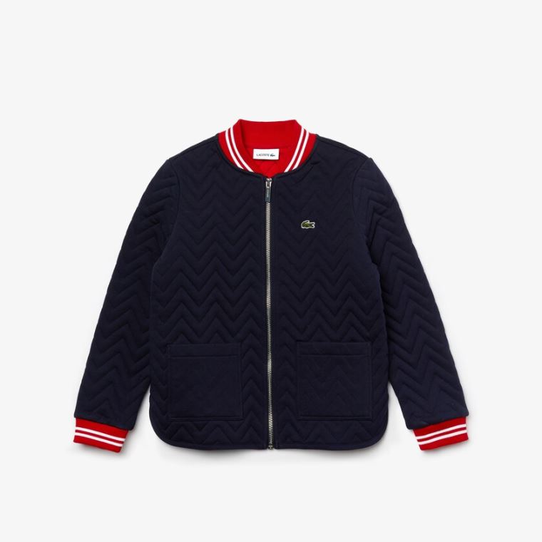 Lacoste Striped Detail Zippered Quilted Algodão Teddy Jacket Azul Marinho Azuis Vermelhas Branco | kDdWA2IQ