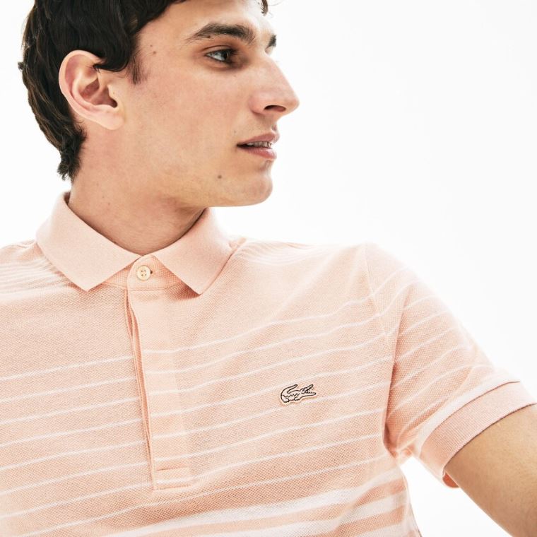 Lacoste Striped Linen And Algodão Regular Fit Polo Shirt Luz Rosa Branco | 87Ag36KL