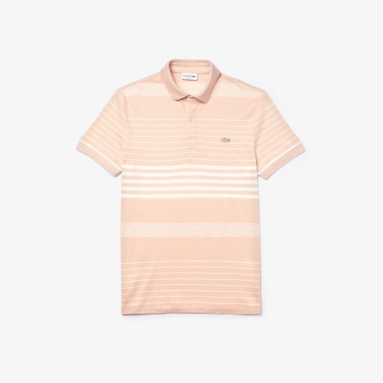 Lacoste Striped Linen And Algodão Regular Fit Polo Shirt Luz Rosa Branco | 87Ag36KL