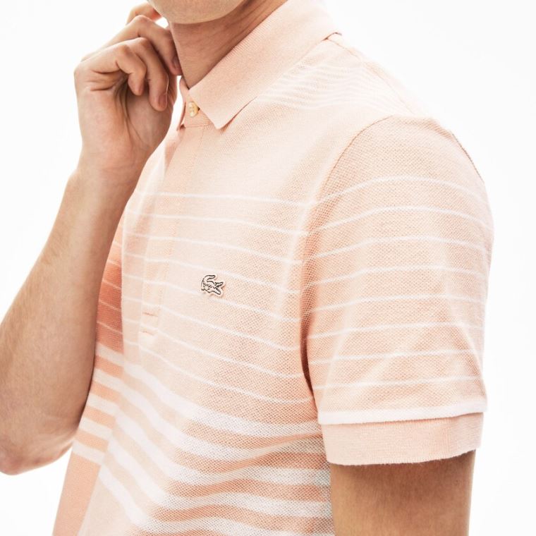 Lacoste Striped Linen And Algodão Regular Fit Polo Shirt Luz Rosa Branco | 87Ag36KL