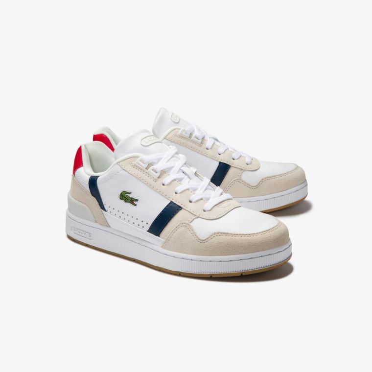 Lacoste T-Clip Tricolour Couro and Camurça Sneakers Branco Bege | TLpcBMU8