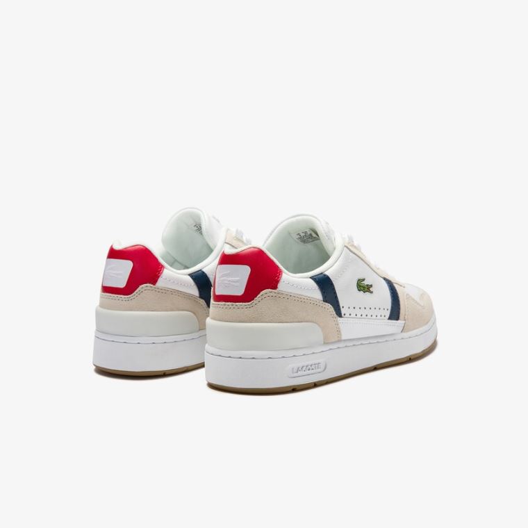 Lacoste T-Clip Tricolour Couro and Camurça Sneakers Branco Bege | TLpcBMU8