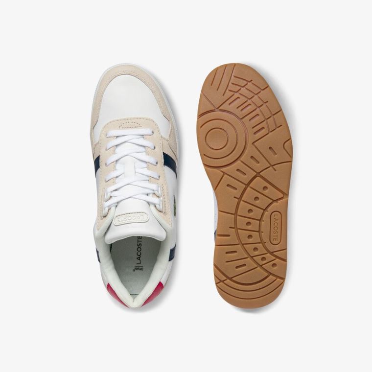 Lacoste T-Clip Tricolour Couro and Camurça Sneakers Branco Bege | TLpcBMU8