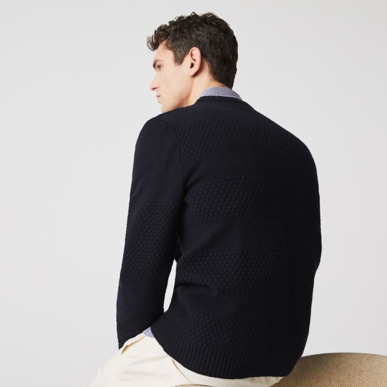 Lacoste Textured Striped Wool-Blend Moletom Azul Marinho Azuis | 7oxR9tDe