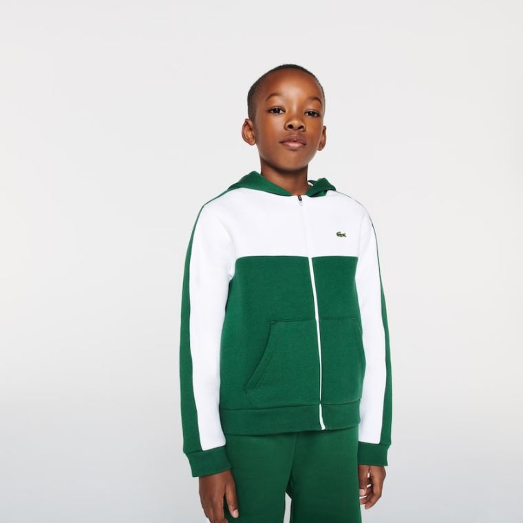 Lacoste Two-Tone Croc-Print Encapuzado Zip Sweatshirt Branco Verdes | 4gnVLn0P