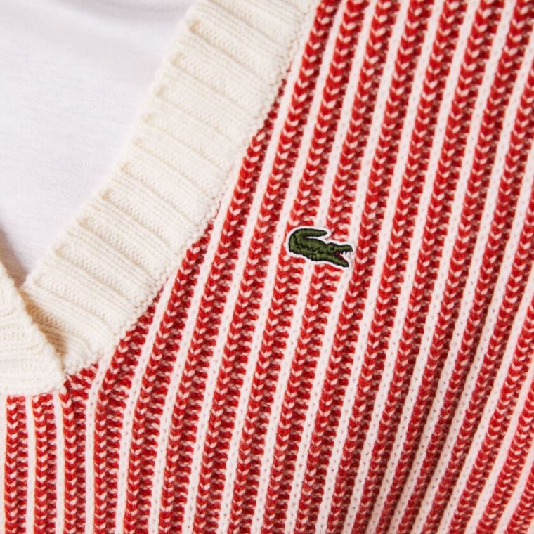 Lacoste Two-Tone Low V-Neck Ribbed Wool Moletom Vermelhas Bege | XLLmj14r