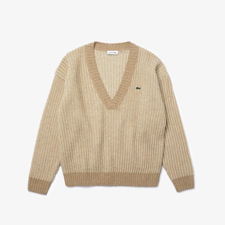 Lacoste Two-Tone Low V-Neck Ribbed Wool Moletom Bege | beRipoiS