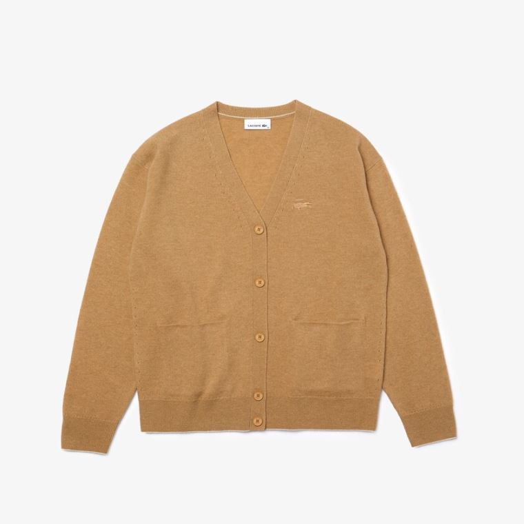 Lacoste V-Neck Buttoned Wool Cardigan Bege | zMGWw1aC