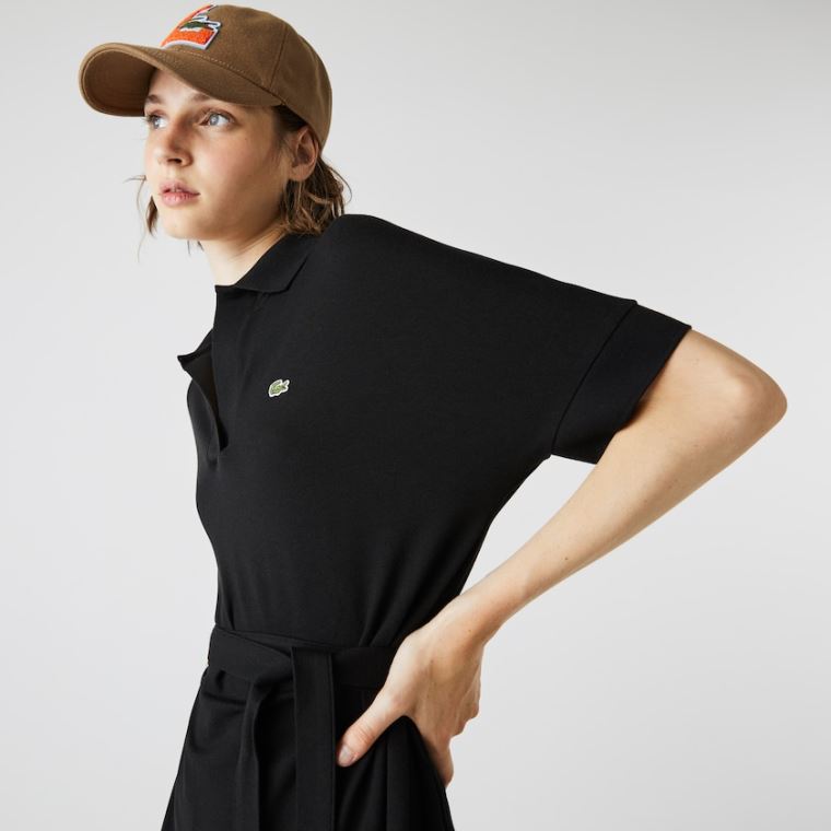 Lacoste V-neck Fitted Flowy Piqué Polo Vestidos Pretas | c0ApMhbI