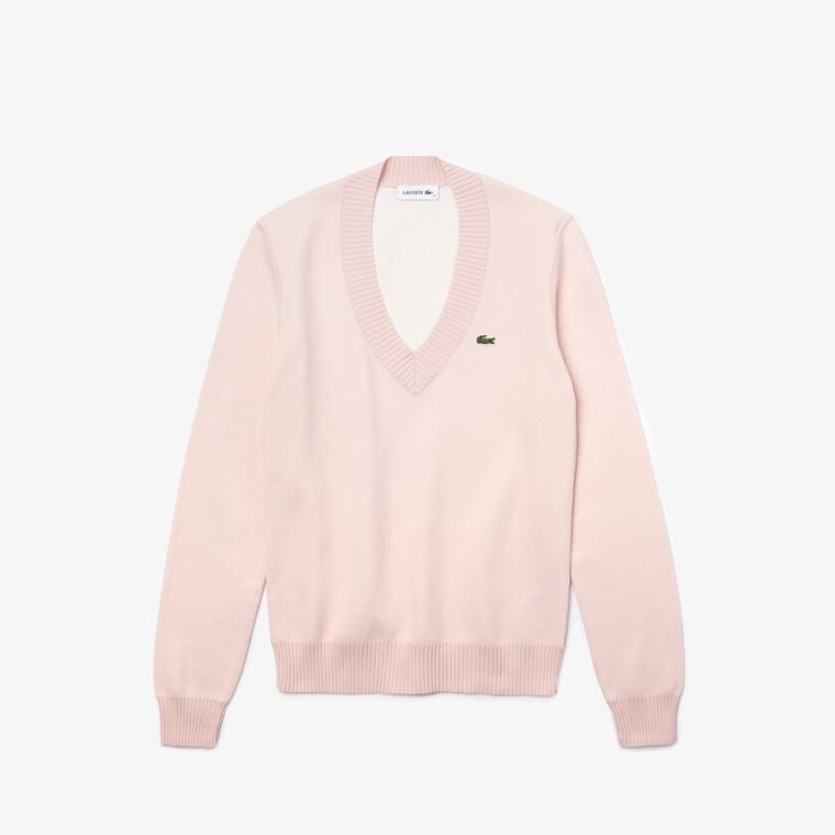 Lacoste V-neck Organic Algodão Moletom Luz Rosa Branco | tMdKhyhG