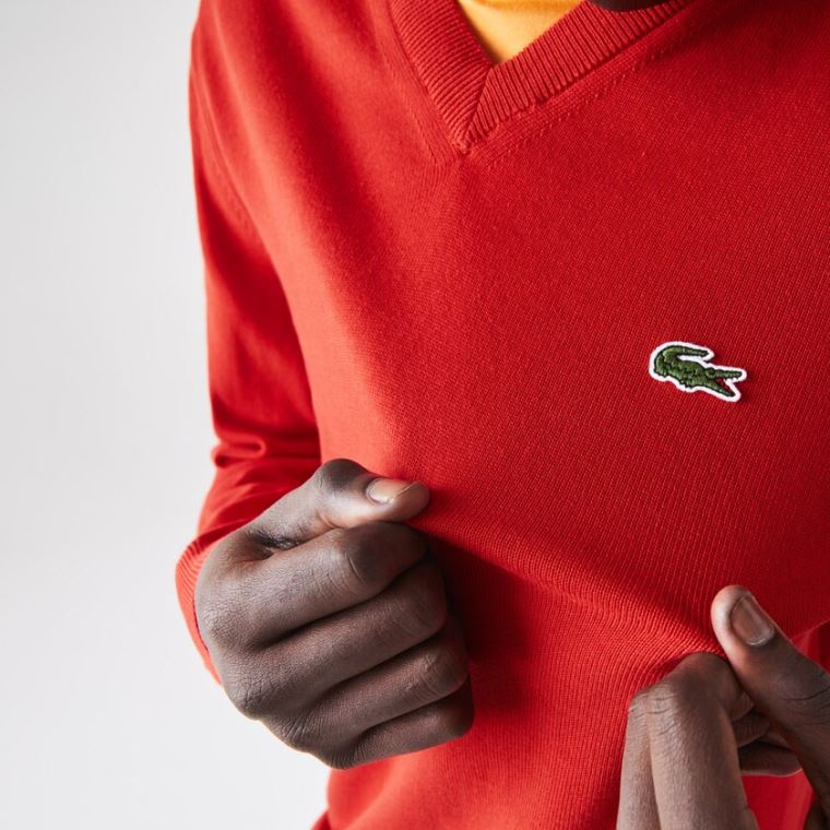 Lacoste V-neck Organic Algodão Moletom Vermelhas | kzByicEl