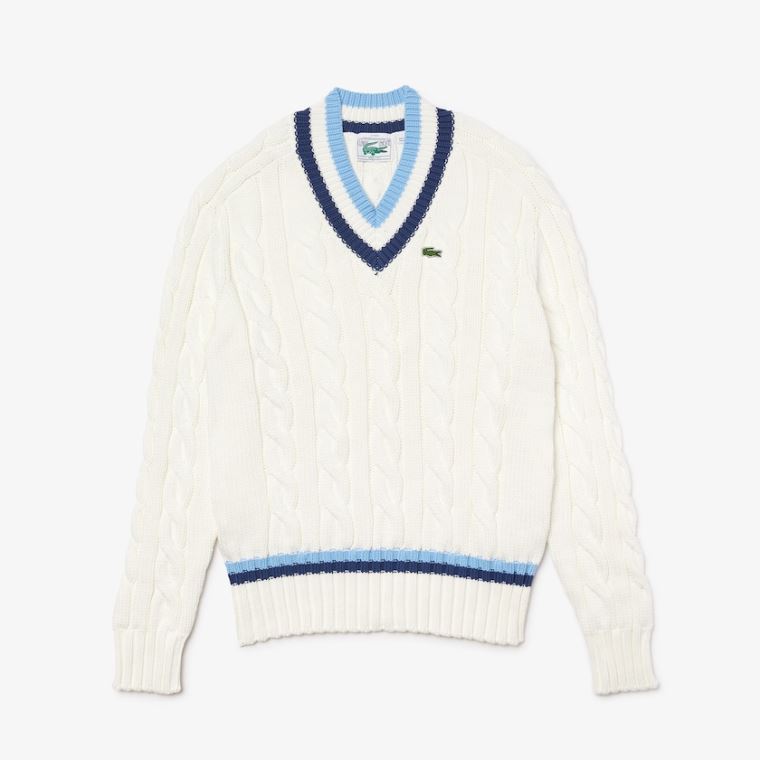 Lacoste V-neck Striped-Trim Cable-Knit Moletom Branco Azuis | MvSotYKV