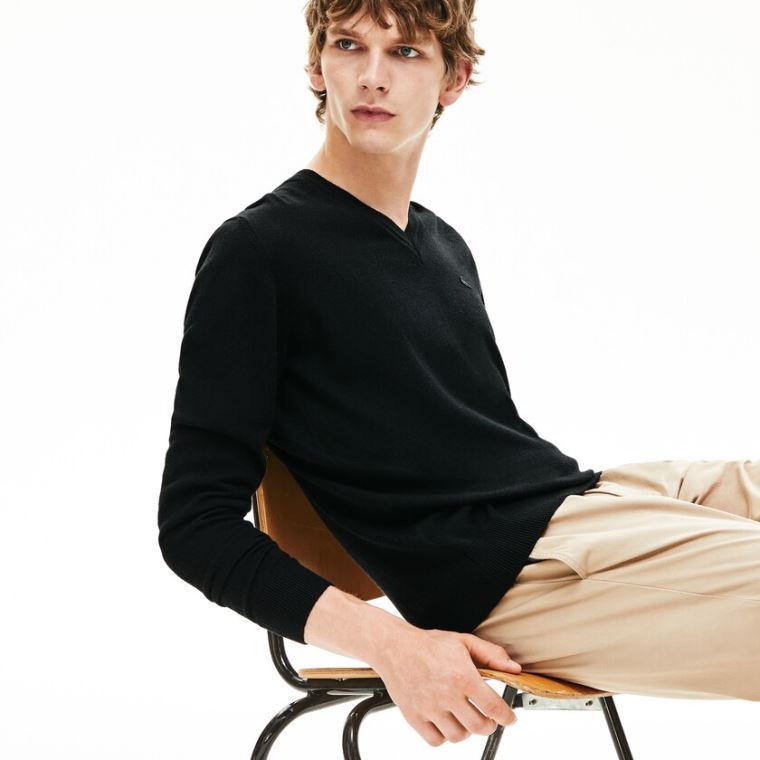 Lacoste V-neck Wool Jersey Moletom Pretas | jXgPtXHO