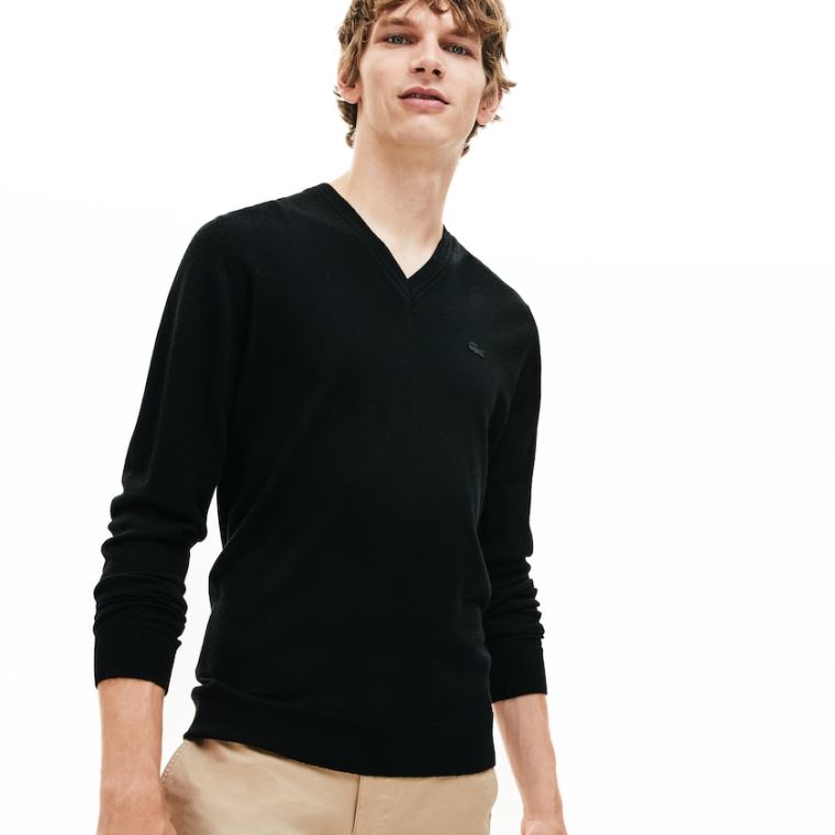 Lacoste V-neck Wool Jersey Moletom Pretas | jXgPtXHO